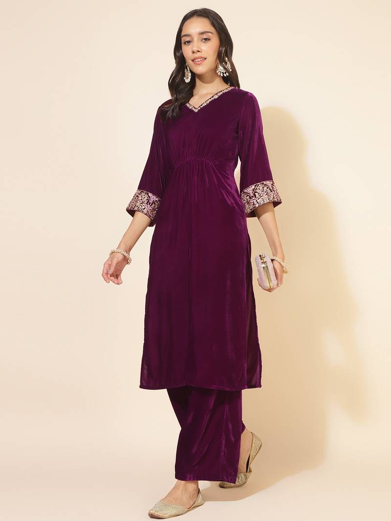purple velvet embellished kurta with palazzo
