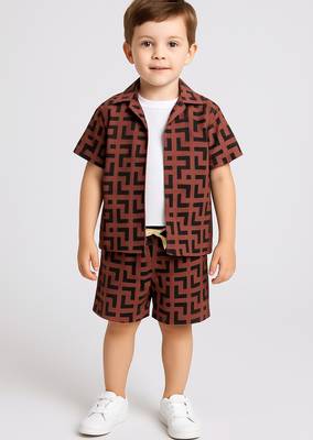 Brown geometric printed cotton blend co-ord set 1
