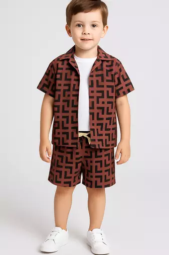 Brown geometric printed cotton blend co-ord set