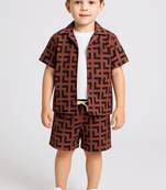 Brown geometric printed cotton blend co-ord set