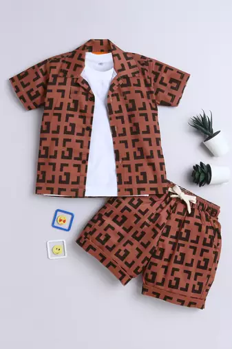 Brown geometric printed cotton blend co-ord set