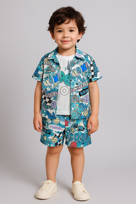 Blue typography printed cotton blend co-ord set 1