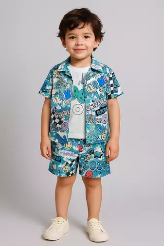 Blue typography printed cotton blend co-ord set