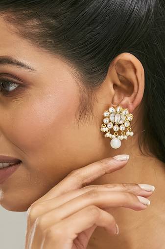 gold plated elegant mop studded ethnic pearl drop stud earrings