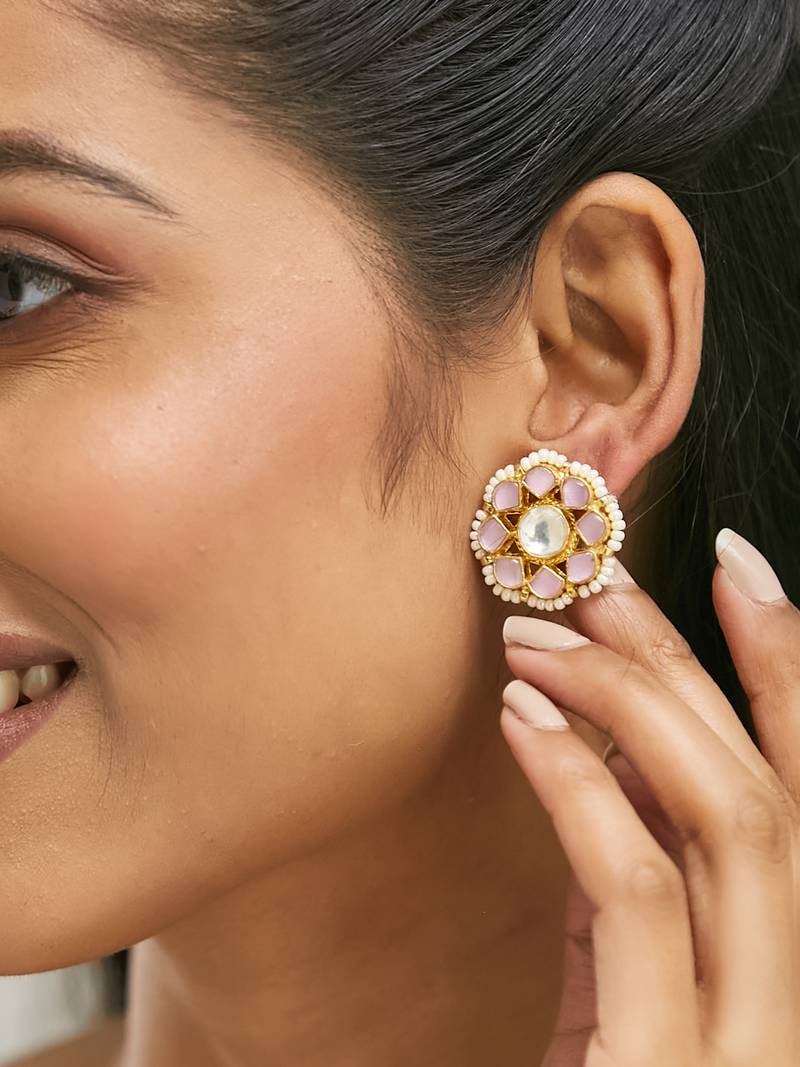 gold plated pink kundan studded & beaded floral shaped studs
