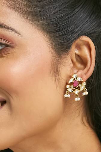 gold plated elegant kundan & ruby stone studded & beaded studs