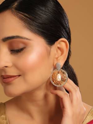 gold plated cubic zirconia studded contemporary moon shaped pearl drop chandbalis 1