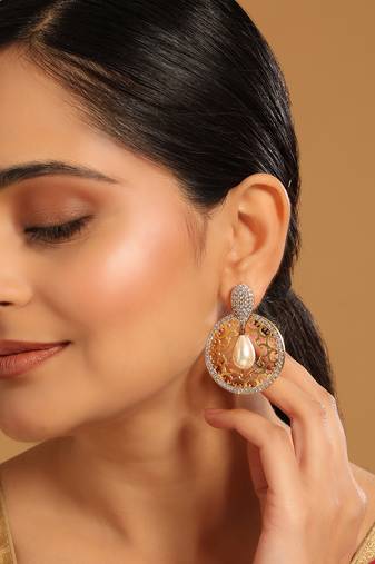 gold plated cubic zirconia studded contemporary moon shaped pearl drop chandbalis