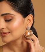 gold plated cubic zirconia studded contemporary moon shaped pearl drop chandbalis