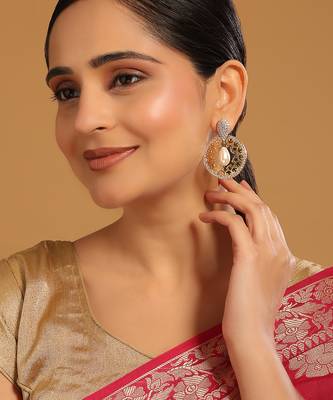 gold plated cubic zirconia studded contemporary moon shaped pearl drop chandbalis 2