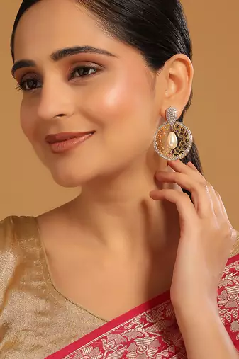 gold plated cubic zirconia studded contemporary moon shaped pearl drop chandbalis