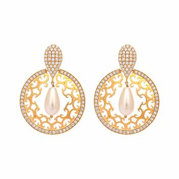 gold plated cubic zirconia studded contemporary moon shaped pearl drop chandbalis 3