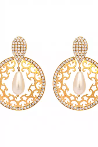 gold plated cubic zirconia studded contemporary moon shaped pearl drop chandbalis