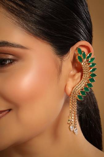 gold plated faux emerald studded contemporary ear cuff earrings
