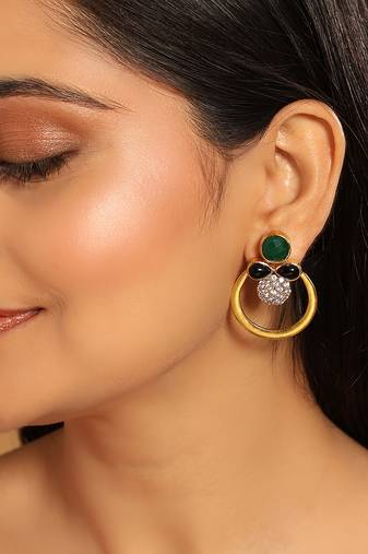 gold plated cubic zirconia studded contemporary stone earrings