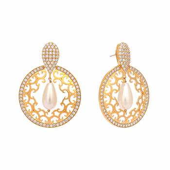 gold plated cubic zirconia studded contemporary moon shaped pearl drop chandbalis 4