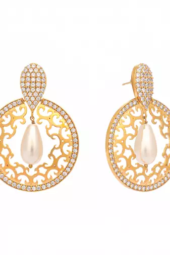 gold plated cubic zirconia studded contemporary moon shaped pearl drop chandbalis