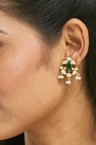 gold plated elegant kundan & green stone studded pearl drops studs