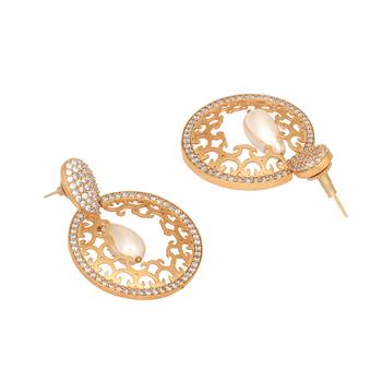 gold plated cubic zirconia studded contemporary moon shaped pearl drop chandbalis 5