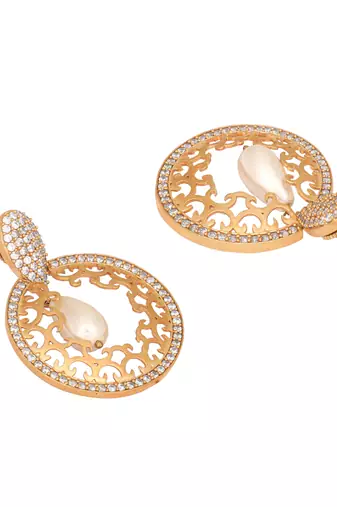 gold plated cubic zirconia studded contemporary moon shaped pearl drop chandbalis