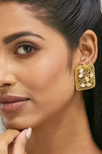 gold plated kundan & filigree concept rectangular leafy studs
