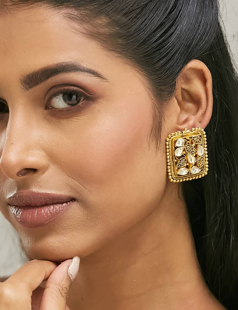 gold plated kundan & filigree concept rectangular leafy studs