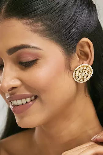 gold plated elegant kundan stone studded & pearl beaded disc studs