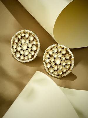 gold plated elegant kundan stone studded & pearl beaded disc studs 3