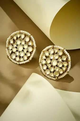 gold plated elegant kundan stone studded & pearl beaded disc studs
