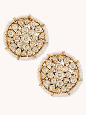 gold plated elegant kundan stone studded & pearl beaded disc studs 4