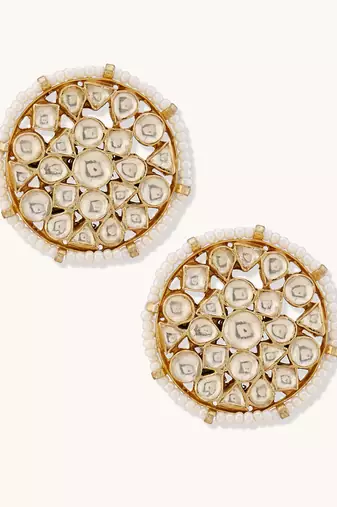 gold plated elegant kundan stone studded & pearl beaded disc studs