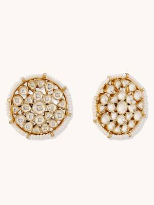 gold plated elegant kundan stone studded & pearl beaded disc studs 5