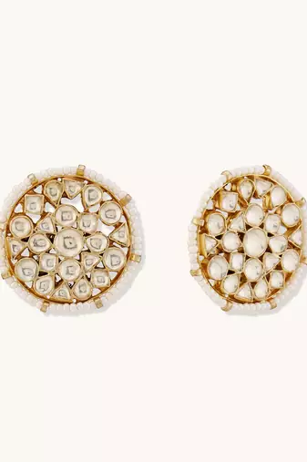 gold plated elegant kundan stone studded & pearl beaded disc studs