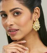 gold plated kundan stone studded & pearl drop beaded crescent shaped chandbalis