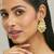 gold plated kundan stone studded & pearl drop beaded crescent shaped chandbalis