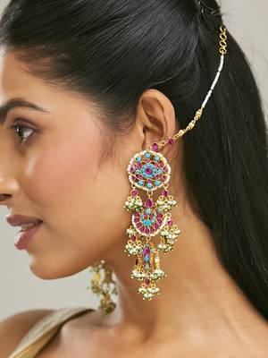 gold plated kundan studded & pearl beaded crescent shaped kanauti earrings 1