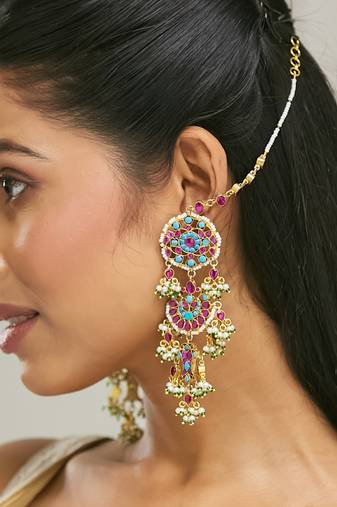 gold plated kundan studded & pearl beaded crescent shaped kanauti earrings
