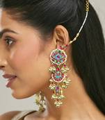 gold plated kundan studded & pearl beaded crescent shaped kanauti earrings
