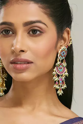 gold plated kundan studded & pearl beaded crescent shaped kanauti earrings