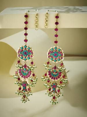 gold plated kundan studded & pearl beaded crescent shaped kanauti earrings 3