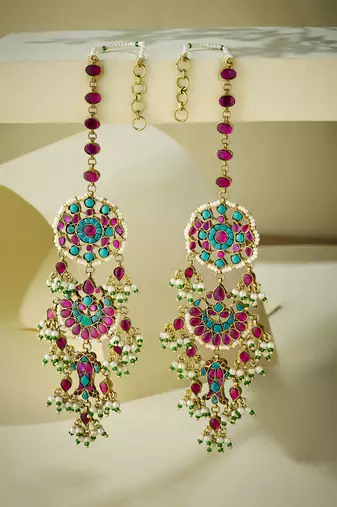 gold plated kundan studded & pearl beaded crescent shaped kanauti earrings
