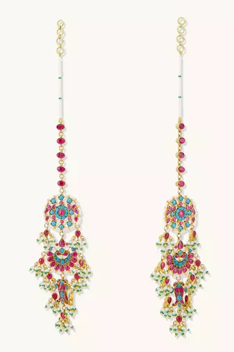 gold plated kundan studded & pearl beaded crescent shaped kanauti earrings