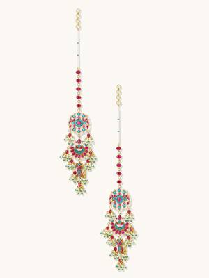 gold plated kundan studded & pearl beaded crescent shaped kanauti earrings 5