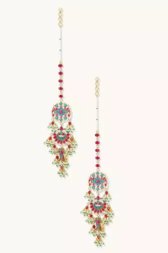 gold plated kundan studded & pearl beaded crescent shaped kanauti earrings