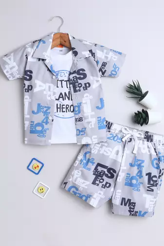 Grey alphabet printed cotton blend co-ord set