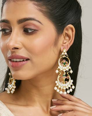gold plated kundan studded & pearl beaded layered chandbalis 1