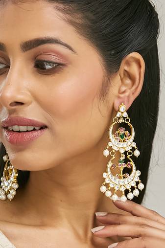gold plated kundan studded & pearl beaded layered chandbalis