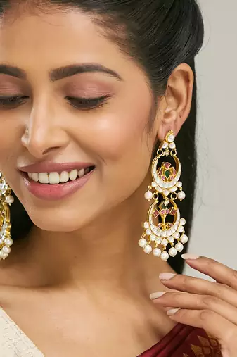 gold plated kundan studded & pearl beaded layered chandbalis