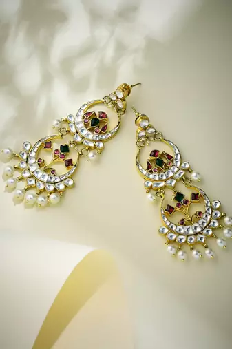 gold plated kundan studded & pearl beaded layered chandbalis