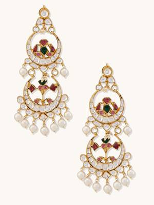 gold plated kundan studded & pearl beaded layered chandbalis 4